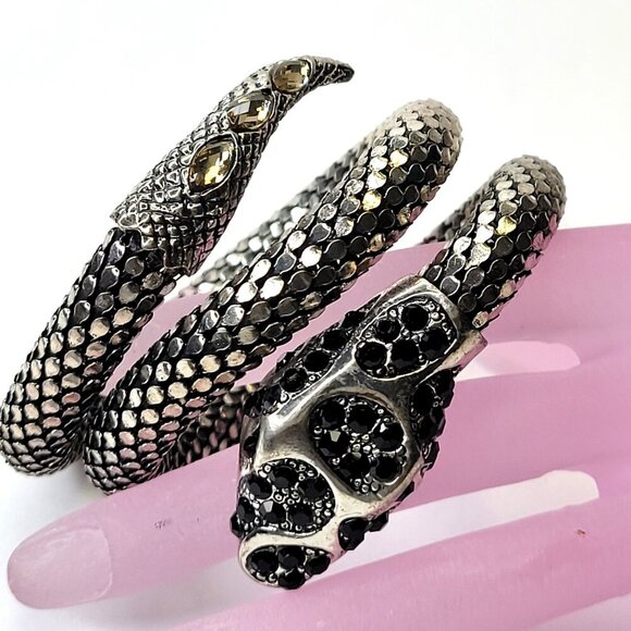 Black and Clear Rhinestone 3 Coil Serpent SIlver Snake Bracelet - Picture 3 of 10